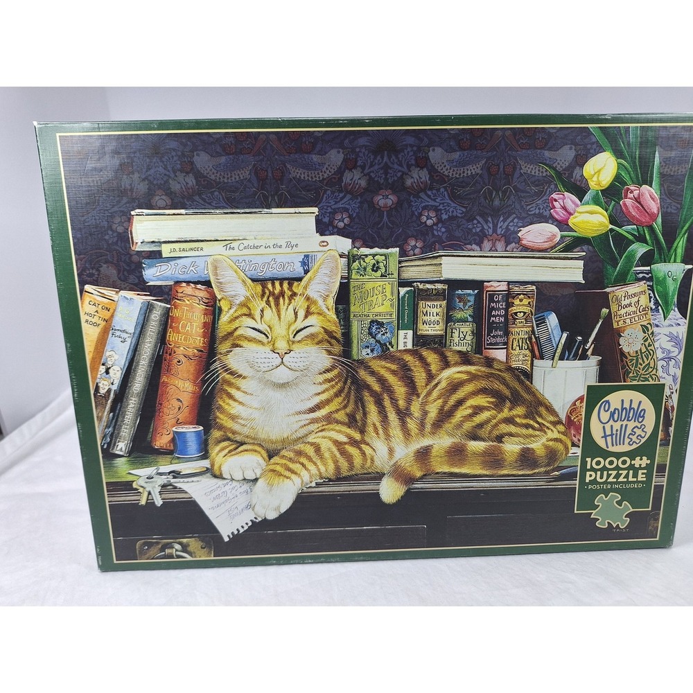 Cobble Hill Marmaduke 1000 Piece Jigsaw Puzzle Cat Bookshelf Geoffrey Tristram